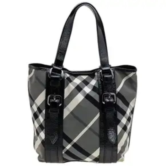 Burberry Handbags - Burberry Black Beat Check Nylon And Patent Leather Lowry Tote